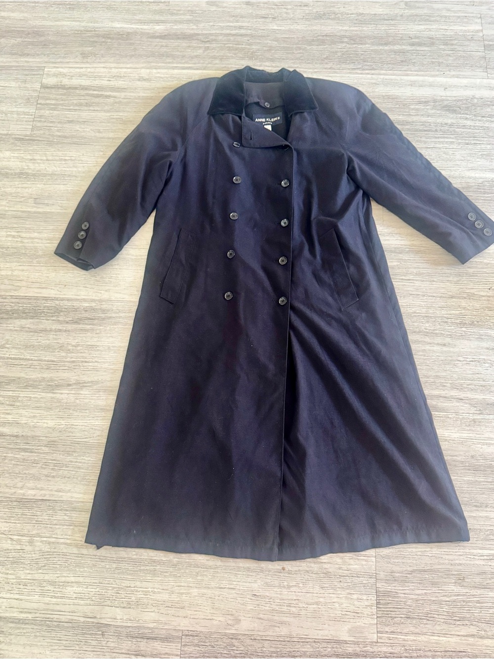 Anne Klein Navy Double-Breasted Long Trench Coat